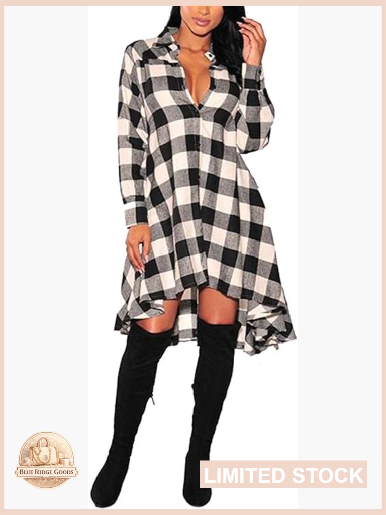 Plaid V-Neck Long Sleeve Shirt Dress Casual A-Line Irregular Hem Classic